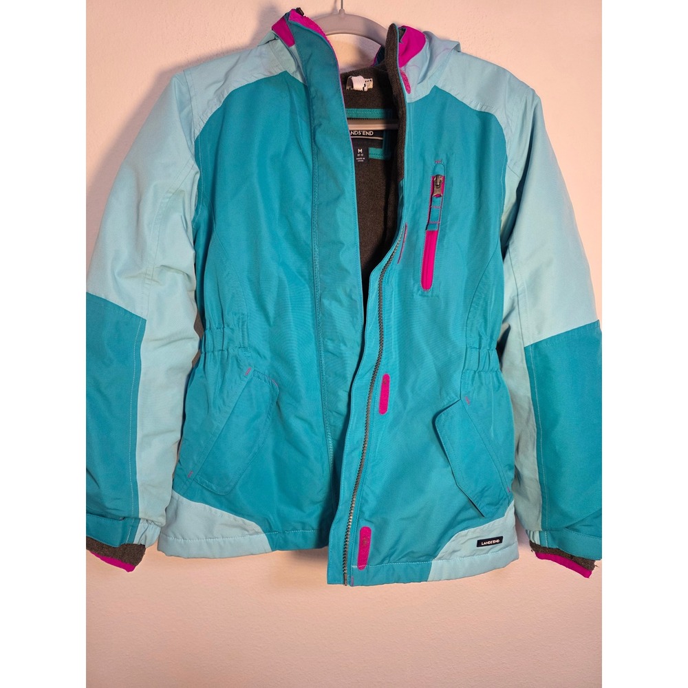 Lands End Kids Girls‎ Teal Pink Colorblock Hooded Winter Ski Jacket Size M 10-12